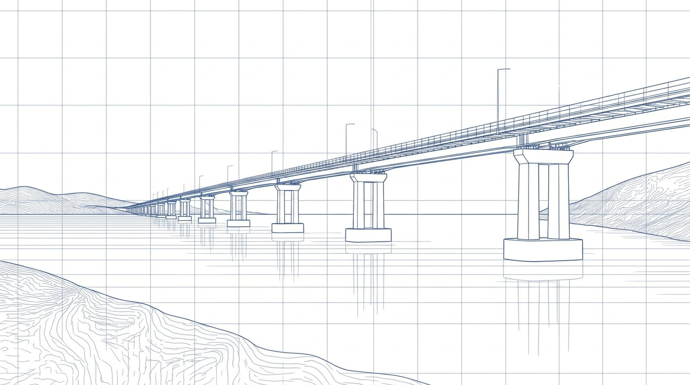 Brug over water in blauwe lijntekening